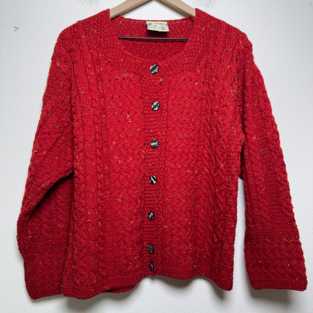 Connemara Knitwear Women Wool Cardigan Small Red Irish Aran Cable Knit Button Up